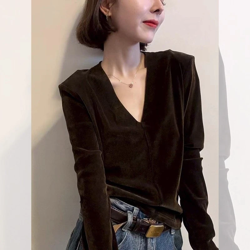 欧货时尚百搭丝绒长袖T恤女秋季新款洋气纯色千金清冷感贵系衣服