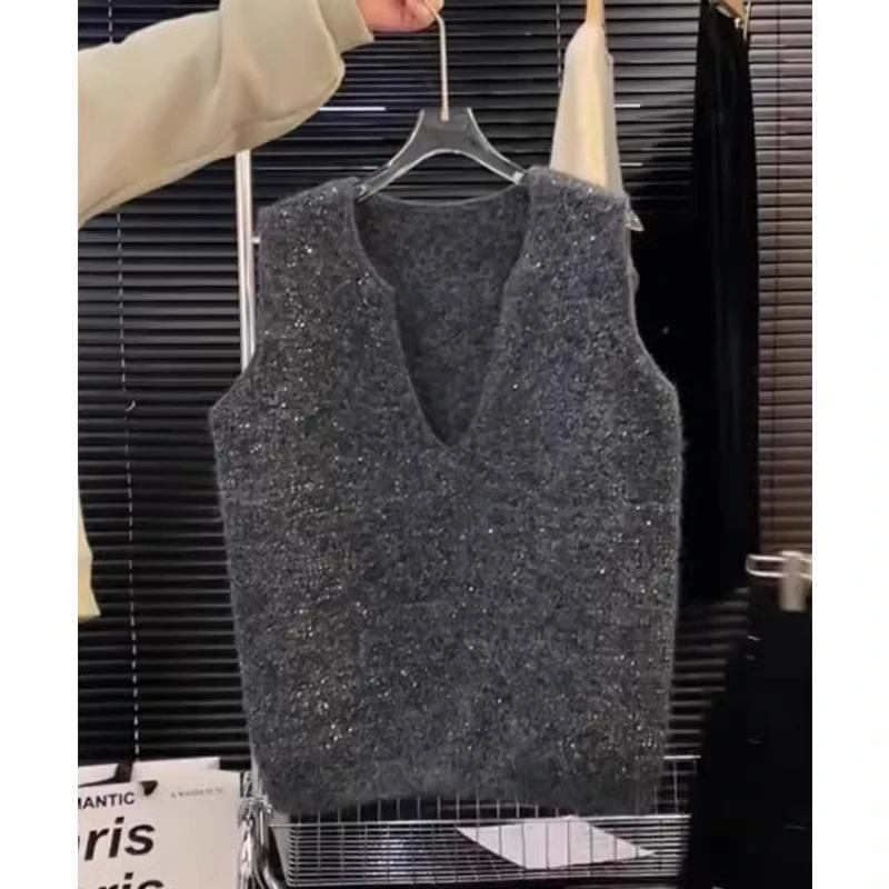 亮闪闪设计感套头坎肩羊绒针织衫马甲毛衣休闲韩版上衣叠穿背心