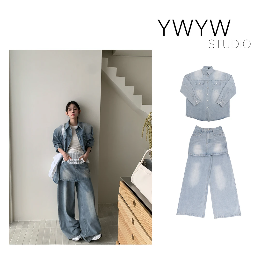 【YWYW25S/S】春季复古水洗牛仔外套+屁帘一体直筒牛仔裤套装3750