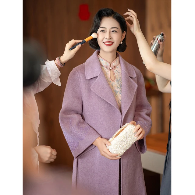 紫色妈妈婚宴装羊绒大衣女秋冬结婚高级感喜婆婆中长款呢子外套