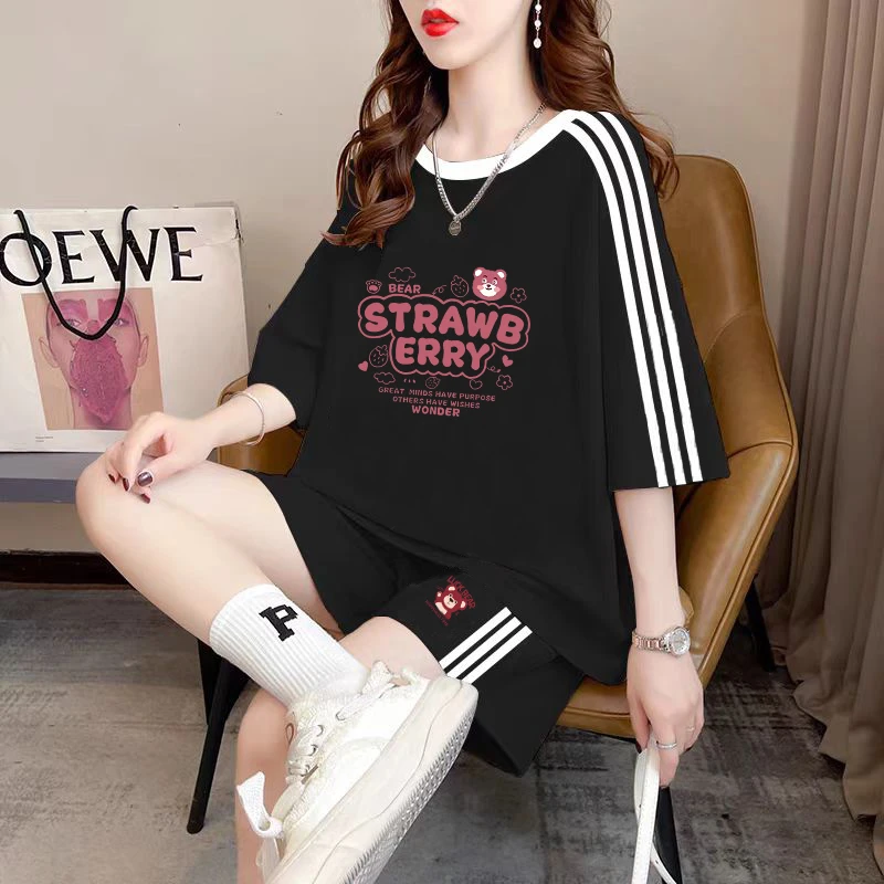 韩系网红运动套装女夏季大码宽松美式炸街短袖短裤休闲两件套ins