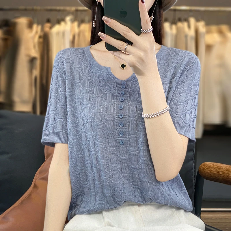 莱赛尔天丝～清凉舒适夏季V领针织短袖显瘦气质百搭时尚纯色套头