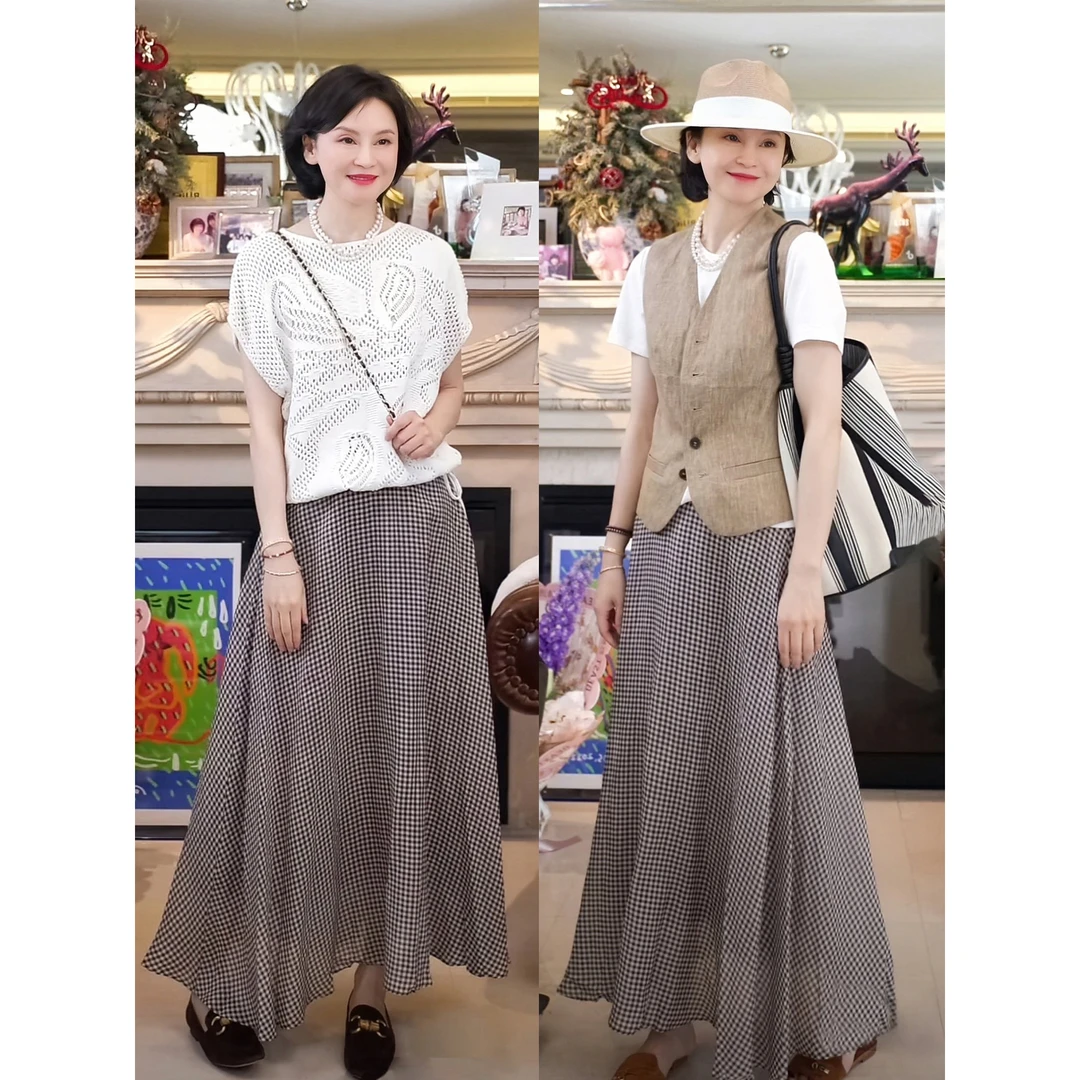 我是摩羯 钢琴家 苎麻莱赛尔复古格纹优雅灵动夏A字半裙