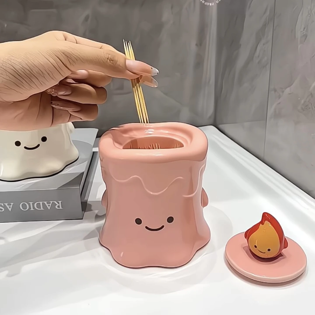 小火人牙签筒陶瓷牙线收纳筒家用创意桌面装饰摆件可爱卡通牙签盒