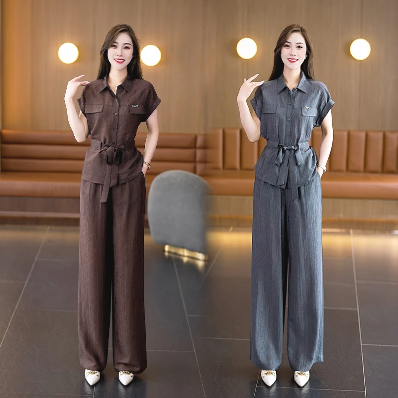 时尚休闲套装女2025夏季新款收腰系带短袖衬衫阔腿裤显瘦两件套潮
