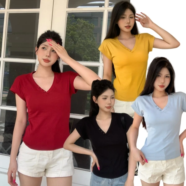 V领短袖云感弹力女T恤褶皱耐磨抗起球染色百搭ins风宽松型收腰502