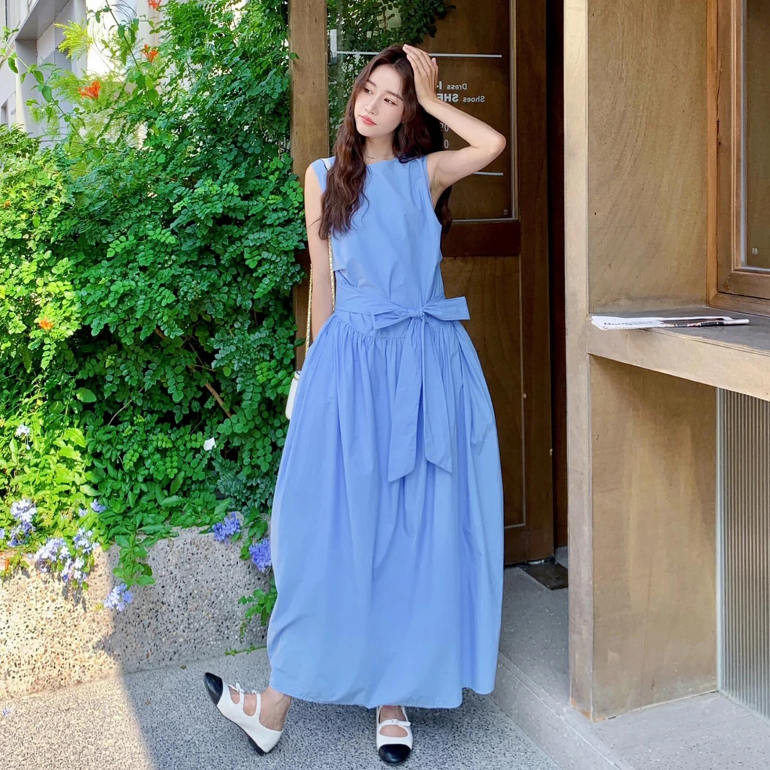 法式巨好看蓝色漂亮绑带无袖背心连衣裙子女夏绝美收腰长裙4919
