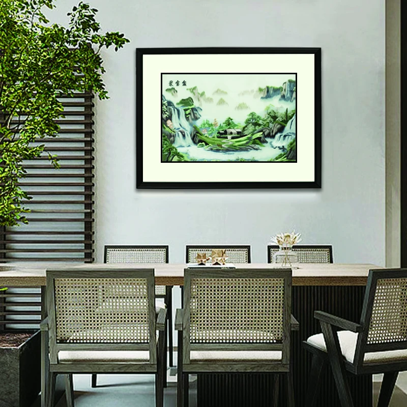 新中式餐厅装饰画精品苏绣书房挂画刺绣茶室实木边框画聚宝盆6080