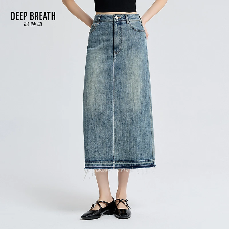 DEEP BREATH深呼吸品质女装复古洗水中长款直筒牛仔半裙A200282