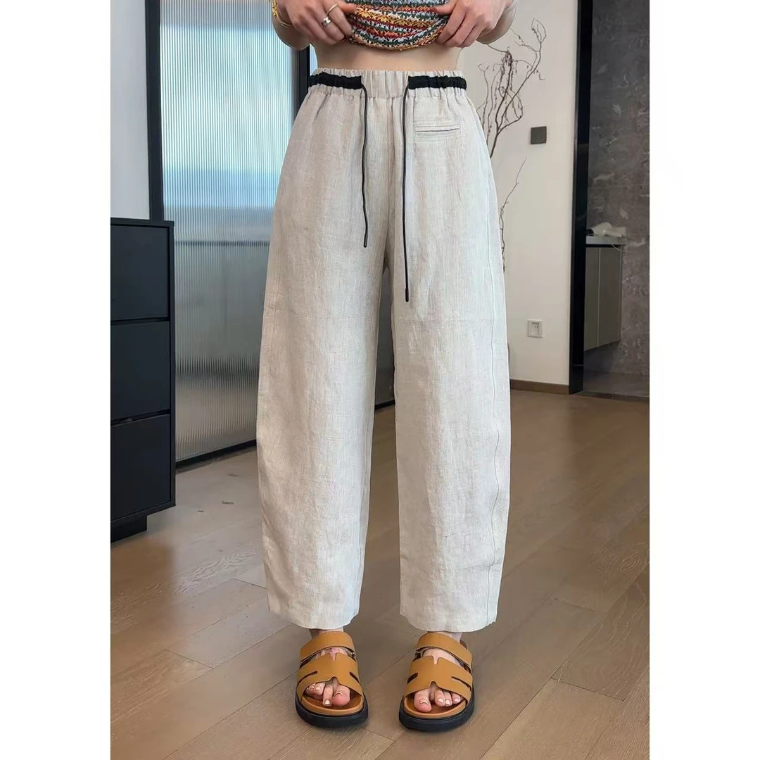 玖了个玖 2025夏薄款时尚亚麻抽绳显瘦垂感阔腿直筒裤 2504C2100