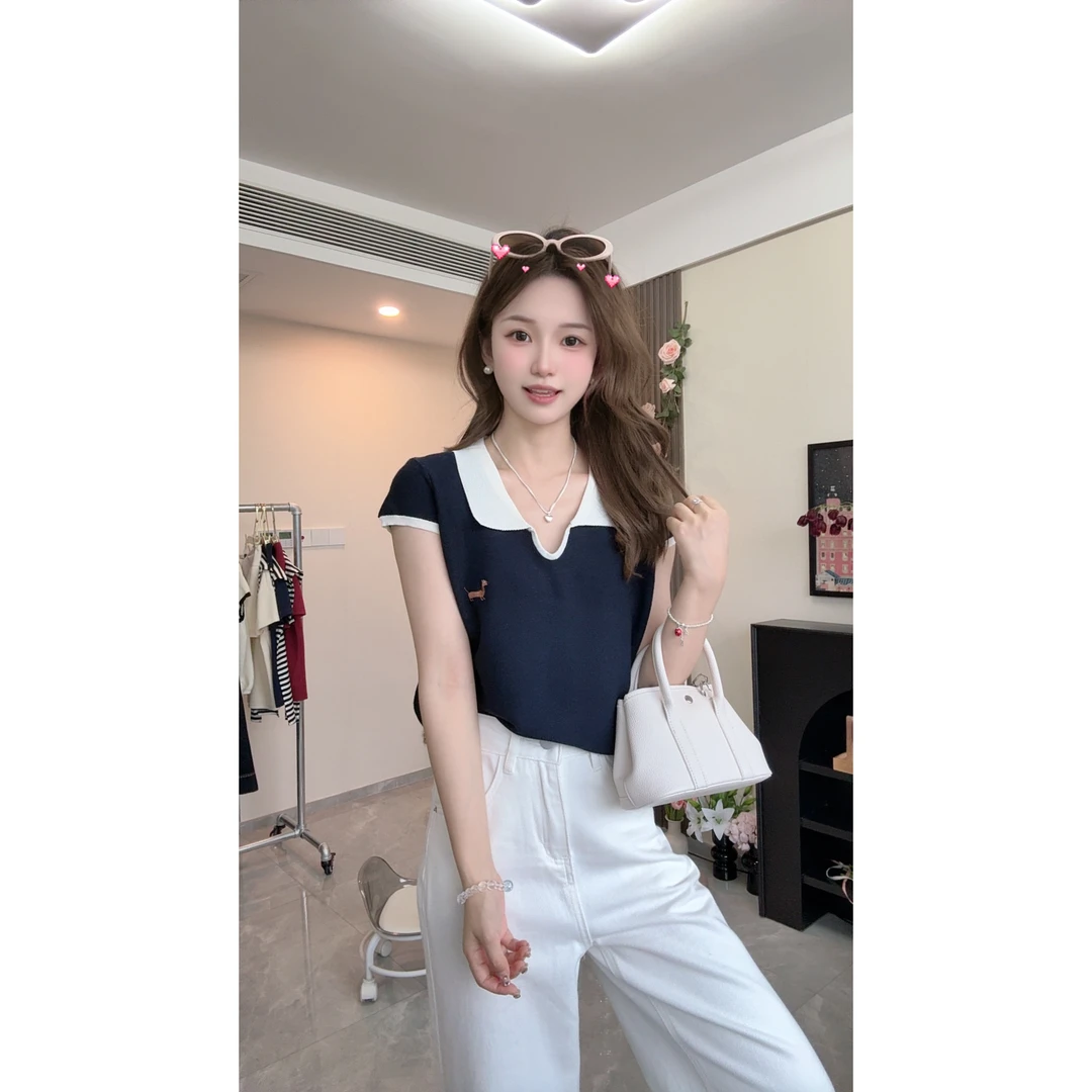 L & L 云云【小狗刺绣】针织短袖t恤女夏季Polo翻领撞色百搭显瘦