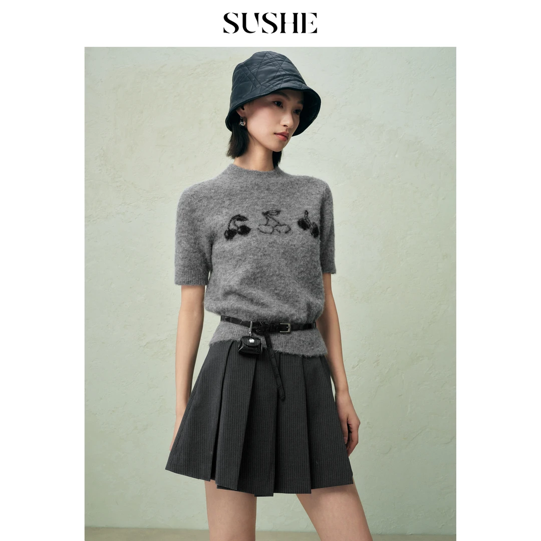 束皙SUSHE 墨颜 格雷系羊驼毛樱桃圆领毛针织衫春季新款灰色上衣