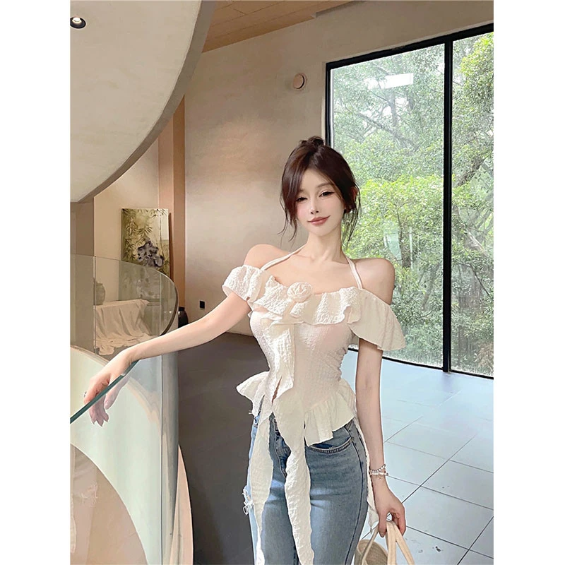 露肩挂脖吊带背心女2025夏季新款ins荷叶边百搭紧身显瘦休闲上衣