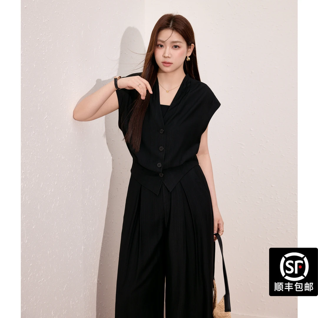 蓝语大码女装时尚v领马甲上衣宽松显瘦直筒裤夏季通勤套装09041