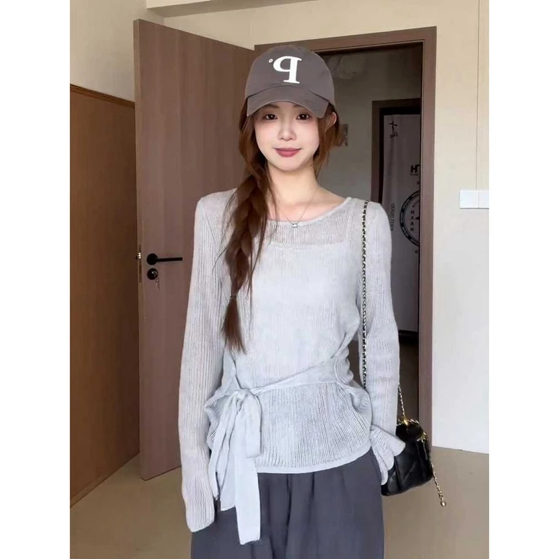 灰色薄款长袖针织衫女装2025春秋时尚修身镂空绑带收腰设计感上衣