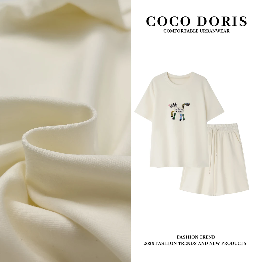 COCO DORIS 2025春夏新款小马刺绣短袖T恤抽绳松紧腰短裤套装2562