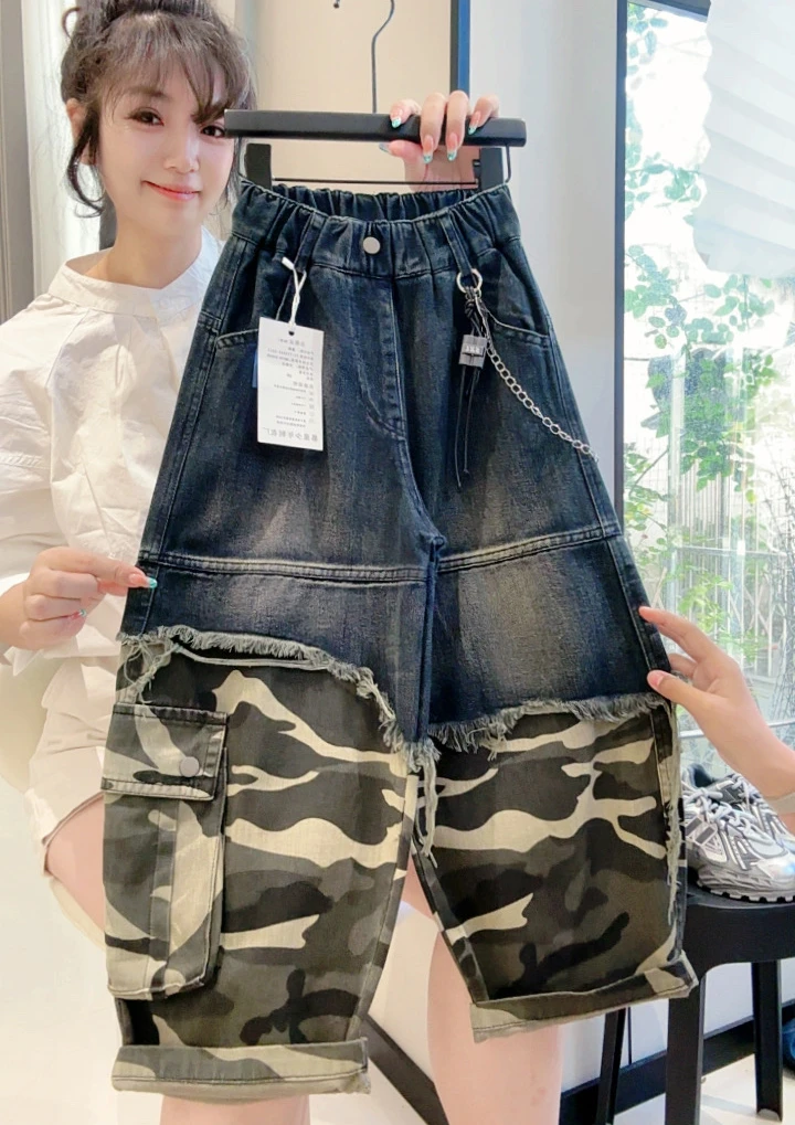 【半截迷彩】2025男童秋季新款痞帅蓝色拼接迷彩潮酷牛仔弯刀裤MC11