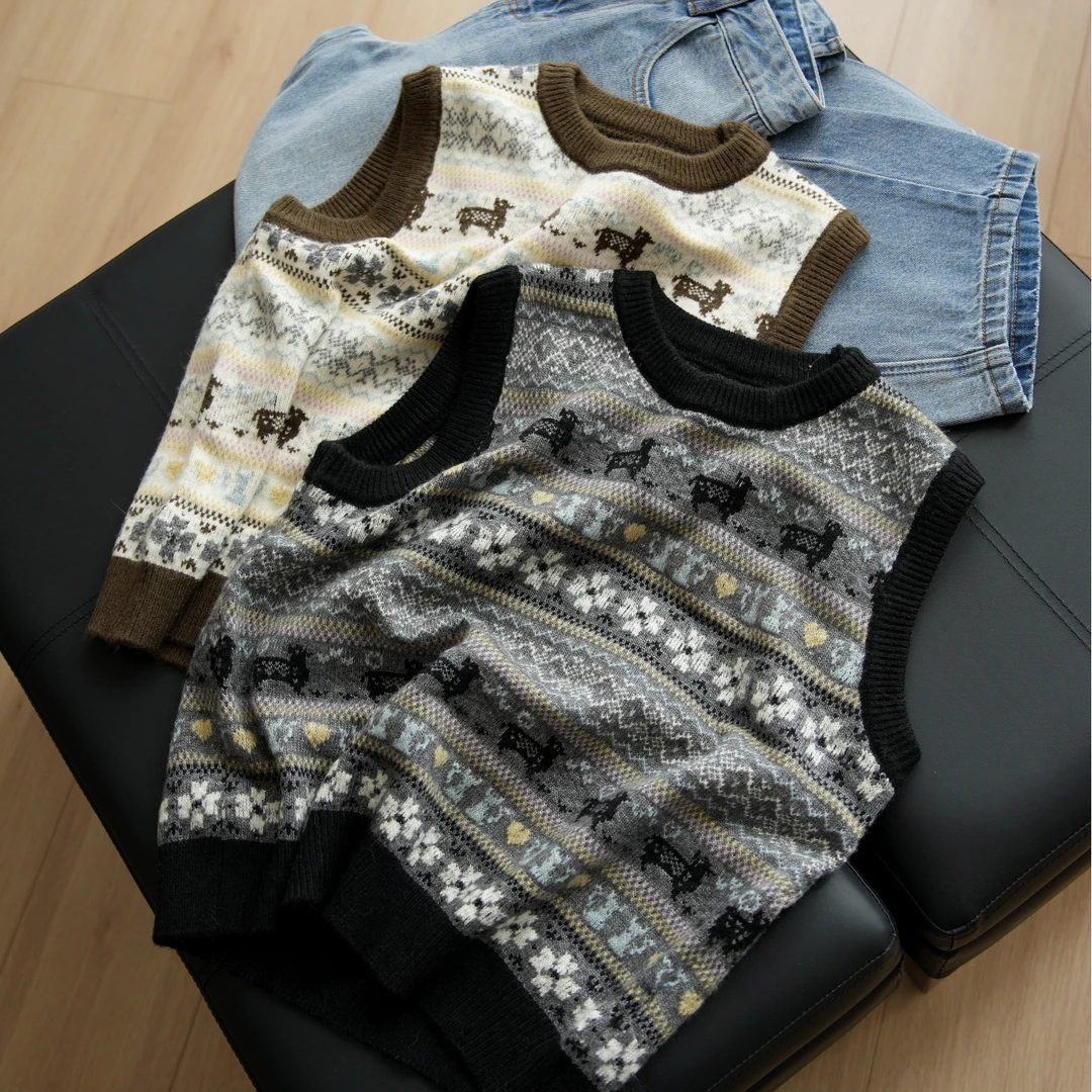 无补 女士彩色提花马甲 含羊毛针织背心保暖坎肩秋冬款 89762