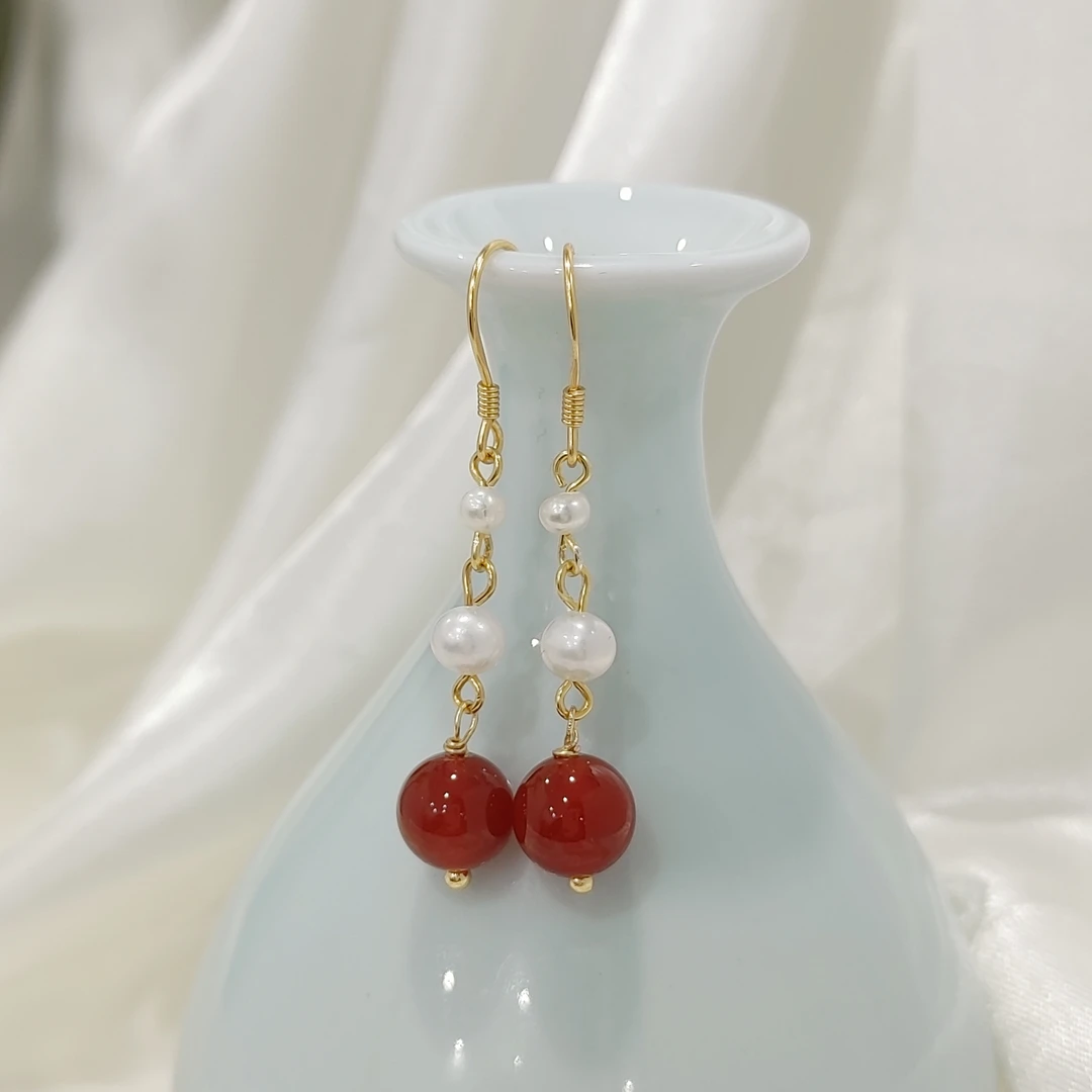 红玛瑙圆珠约8mm搭天然珍珠耳钩