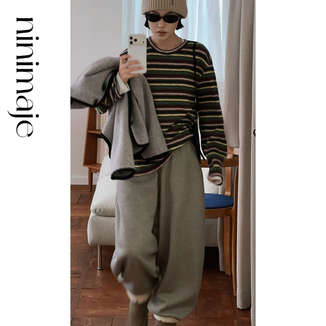 NanBeiBei 极简设计款柔软百搭撞色条纹复古针织彩条T 7598