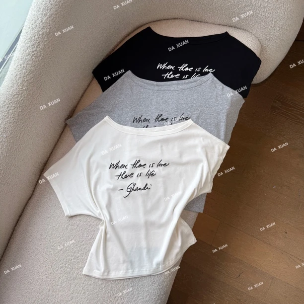 /D.X/2025夏款 小众设计斜肩字母印花时尚百搭短袖T恤/DY6810