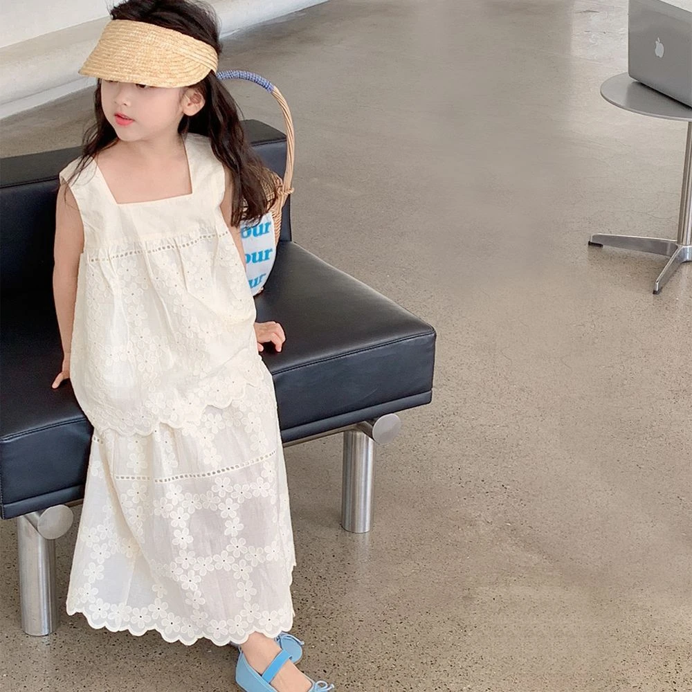 女童夏装套装连衣裙2025新款中大童无袖背心上衣蕾丝公主裙两件套