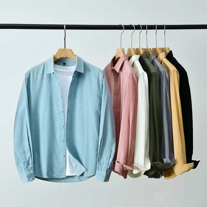 D127男装灯芯绒日系清新纯色长袖文艺百搭青年宽松纯棉衬衣衬衫