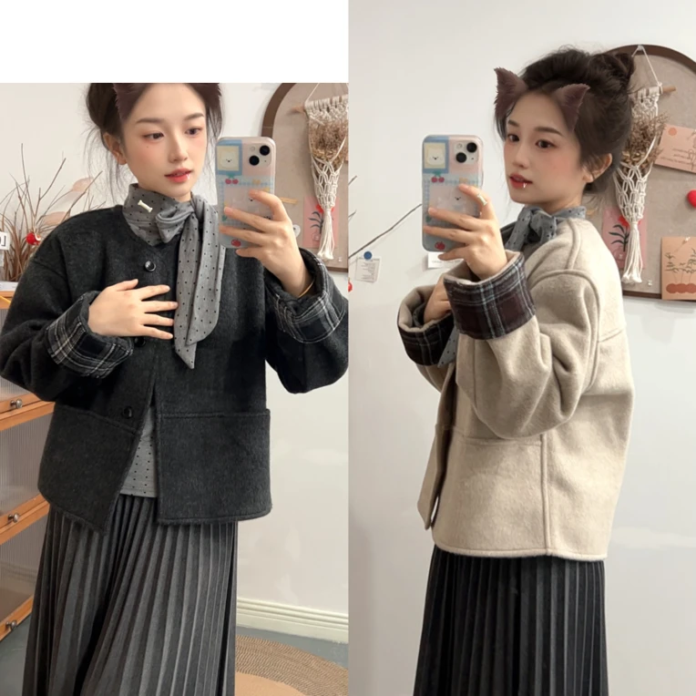 小个子秋冬格子拼接设计韩系圆领双面尼子短外套5819