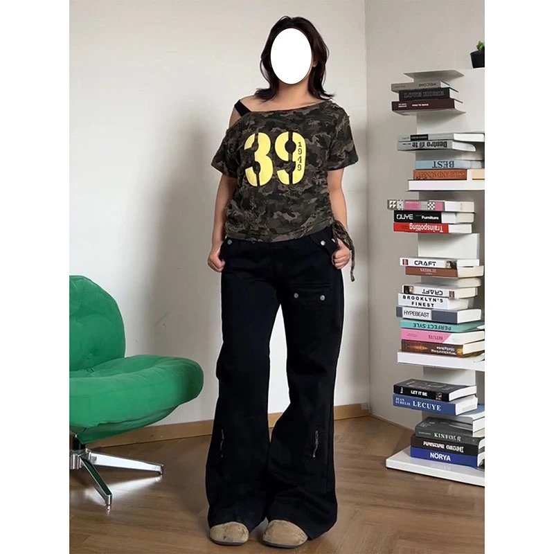 特大码美式黑色工装牛仔裤女秋季胖mm宽松显瘦梨形身材阔腿喇叭裤