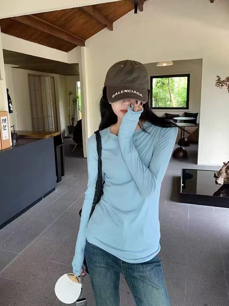 【香姐推荐】【1805】四季时尚新款修身显瘦百搭圆领T恤微透长袖纯棉