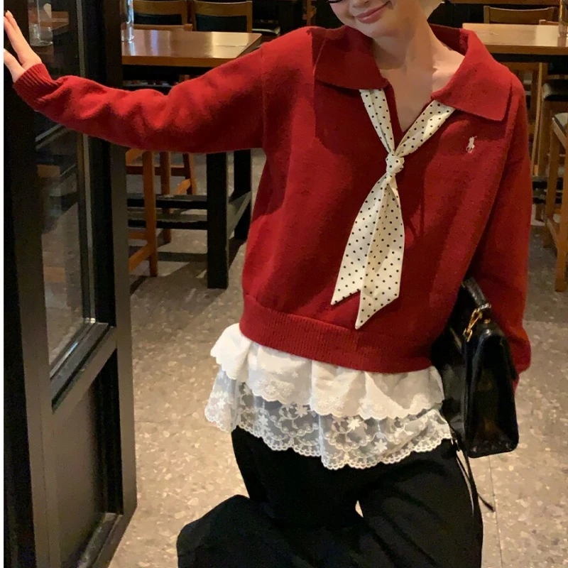 新款上新红色polo领毛衣拼接蕾丝下摆潮流上衣毛衣LK1230183
