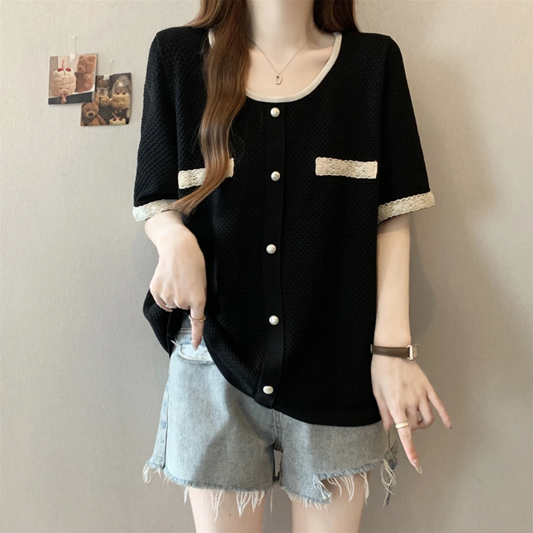 大码小香风气质洋气短袖T恤女夏季胖mm宽松显瘦时尚百搭针织上衣
