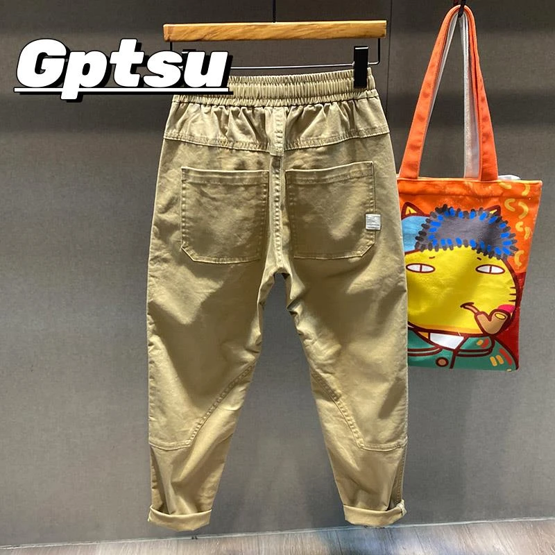 GPTSu松紧腰系绳纯棉痞帅潮牌纯棉休闲裤男春秋款修身小脚工装裤