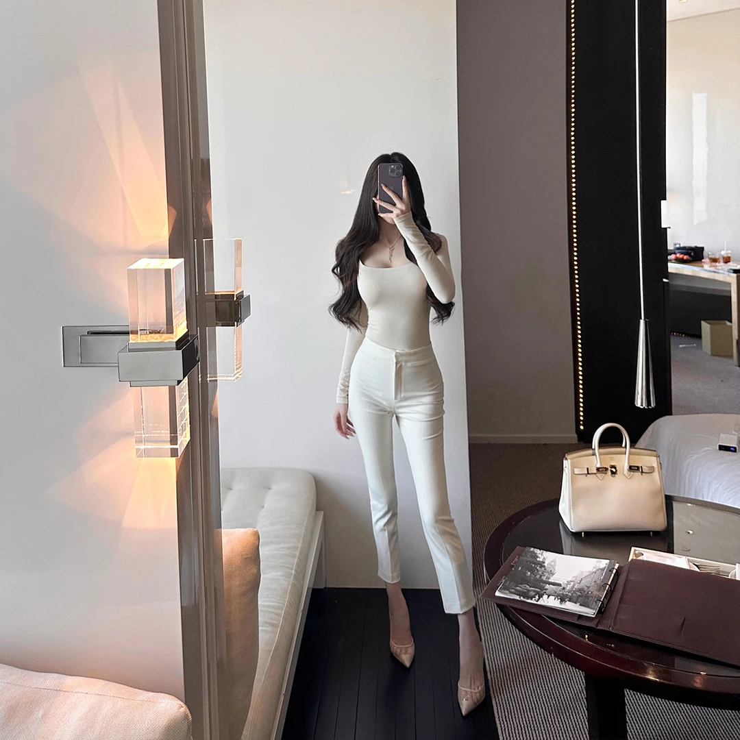 SX善喜2色入高腰九分开叉小脚裤女修身显瘦休闲裤气质百搭长裤子