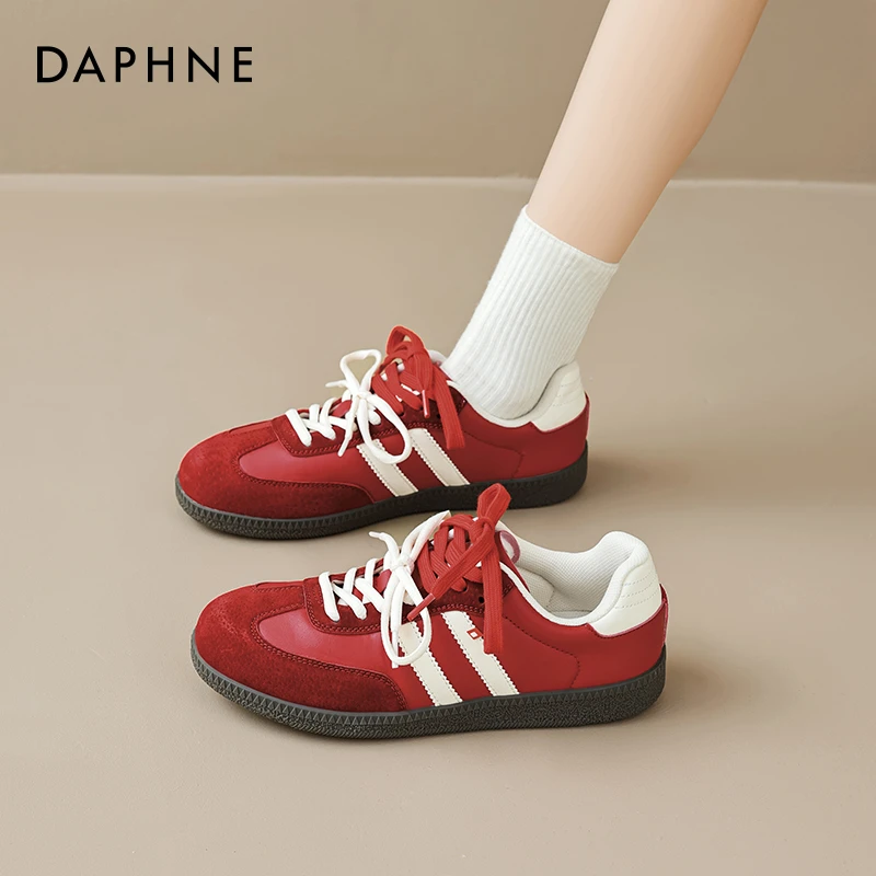 达芙妮红色德训鞋女2025新款春季厚底复古芭蕾阿甘休闲软底运动鞋