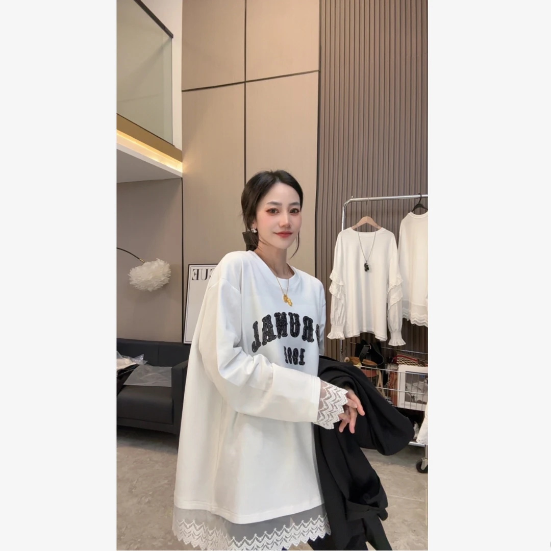 【活力青春】春上新~重工亮片时尚拼接蕾丝花边打底衫上衣