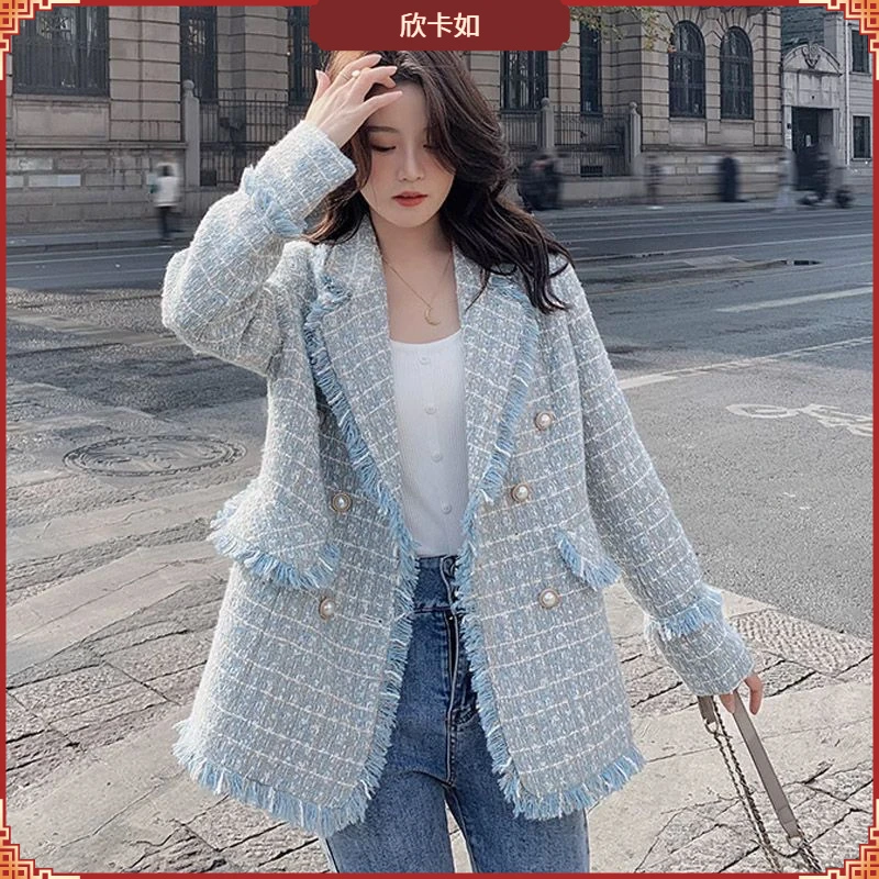 II法式蓝色翻领小香风西装外套女秋季新款气质名媛小个子千鸟格I