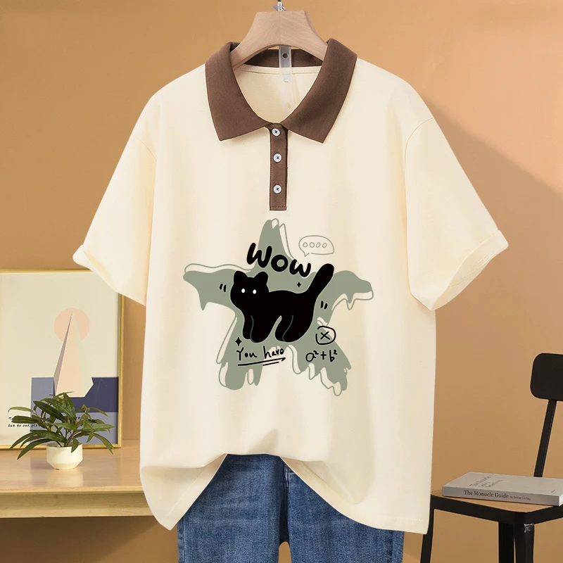 2025年新款夏装大码oversize纯棉POLO领短袖t恤女显瘦遮肚上衣服