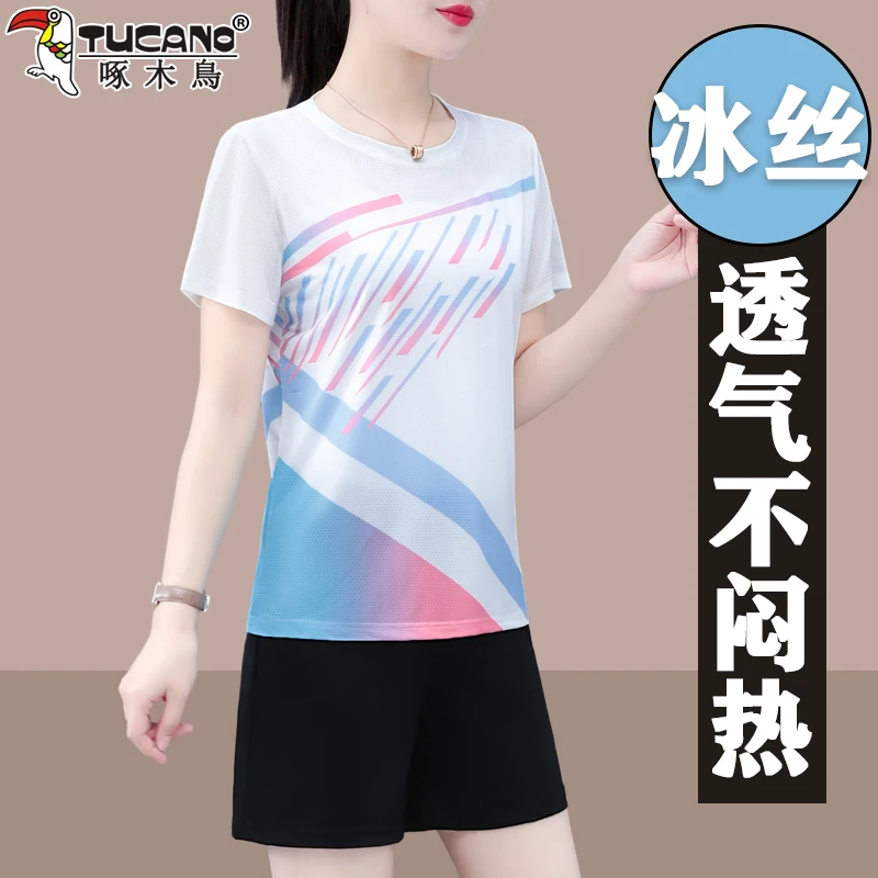 啄木鸟冰丝短袖运动套装女夏季2025年新款速干透气羽毛球服两件套