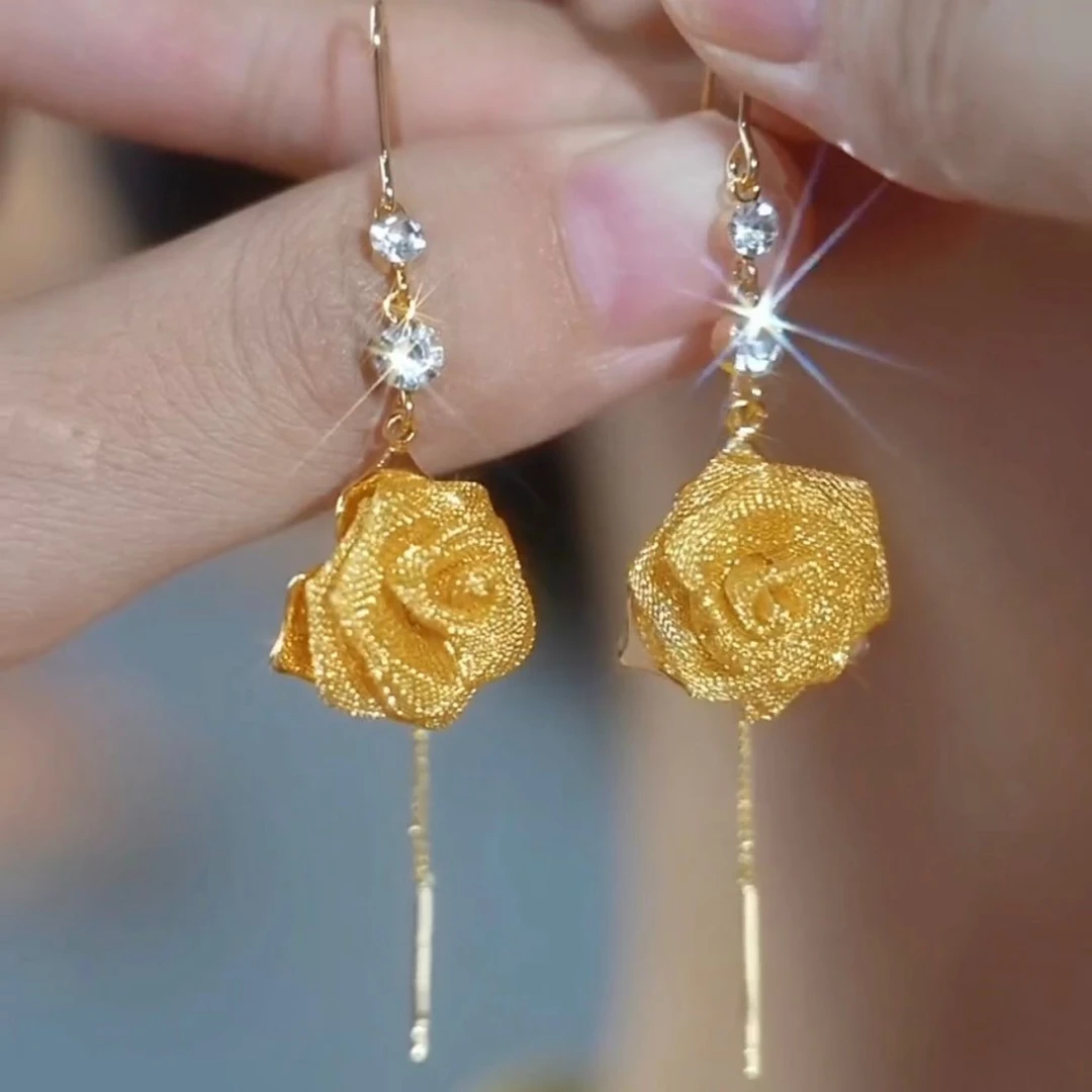 铜合金耳饰 鼎溢高级感气质长款玫瑰花耳线小众独特花朵耳坠lf