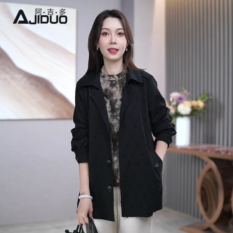 阿吉多黑色长袖外套女早秋新款小个子大码巨好看的短款夹克上衣