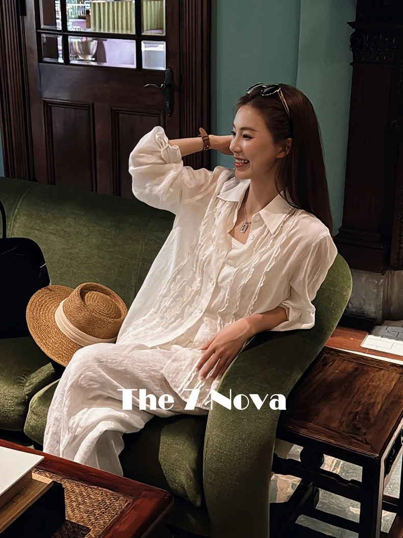 THE 7 NOVA『旷野稿纸』25ss 白色宽松透气苎麻长袖衬衫SGA2005