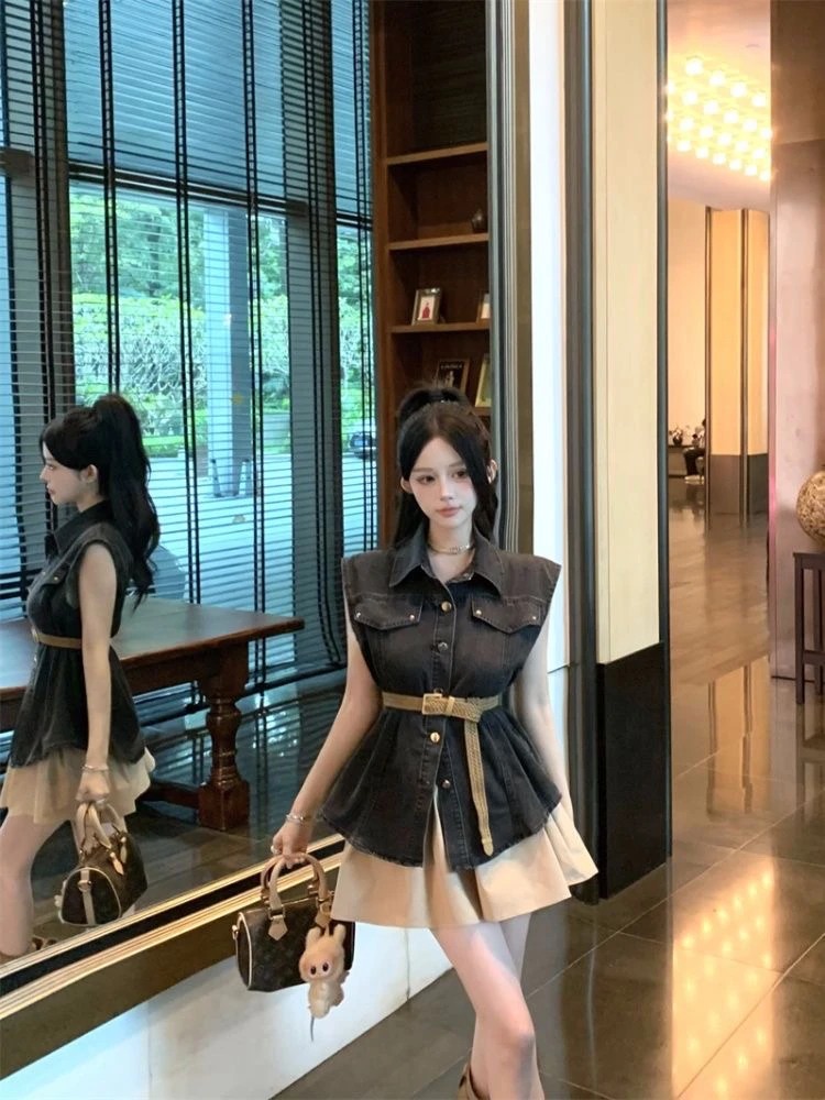 辣妹风polo领水洗牛仔马甲背心套装女夏高腰半身裙蓬蓬裙无袖上衣