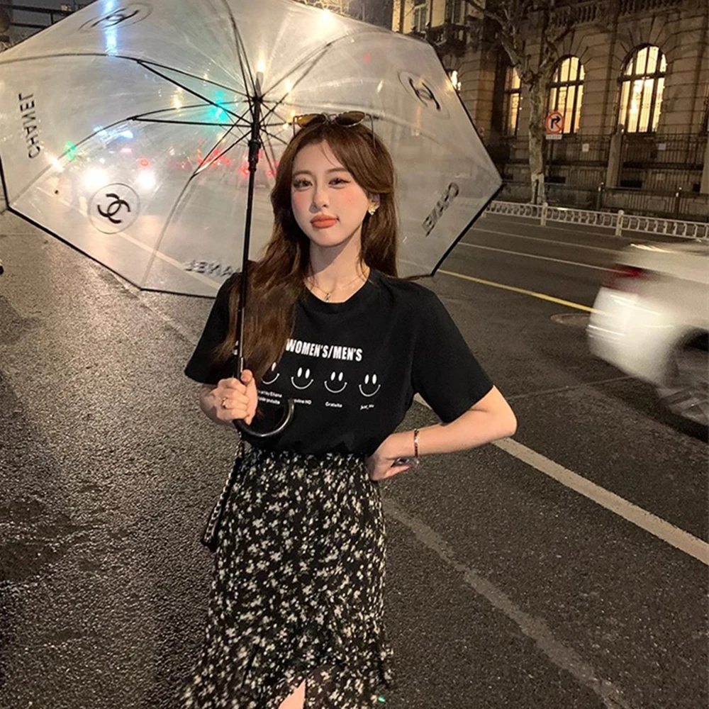 韩版设计感简约风字母印花圆领黑色上衣百搭t恤2025春季新款体恤