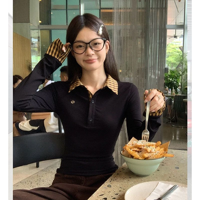 POLO领格纹拼接长袖T恤女秋季新款大码胖MM修身显瘦假两件上衣潮