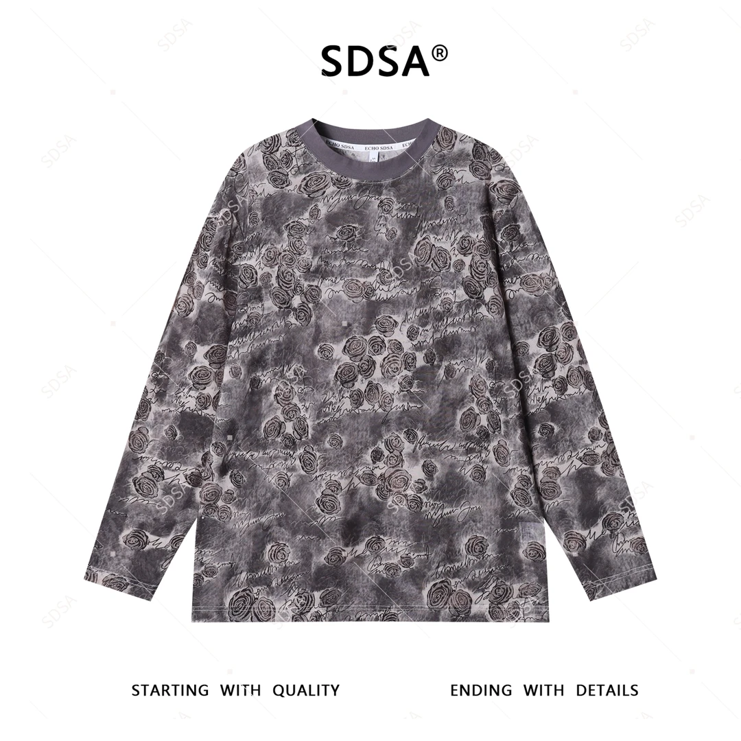 SDSA秋季新款男士痞帅潮牌扎染植物花卉线条设计圆领长袖T恤百搭