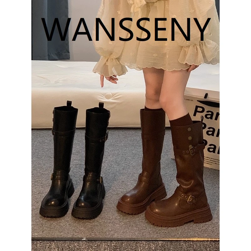 WANSSENY长筒靴2025新款秋季棕色高筒靴子美拉德骑士靴厚底马丁靴