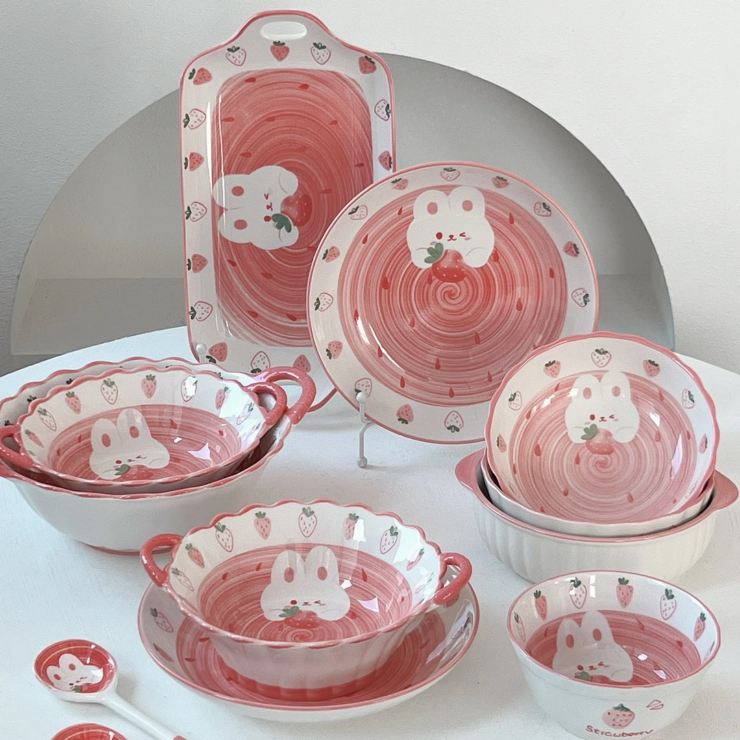 陶瓷碗家用汤碗米饭碗草莓兔可爱饭碗泡面碗高颜值甜品碗耐高温碗