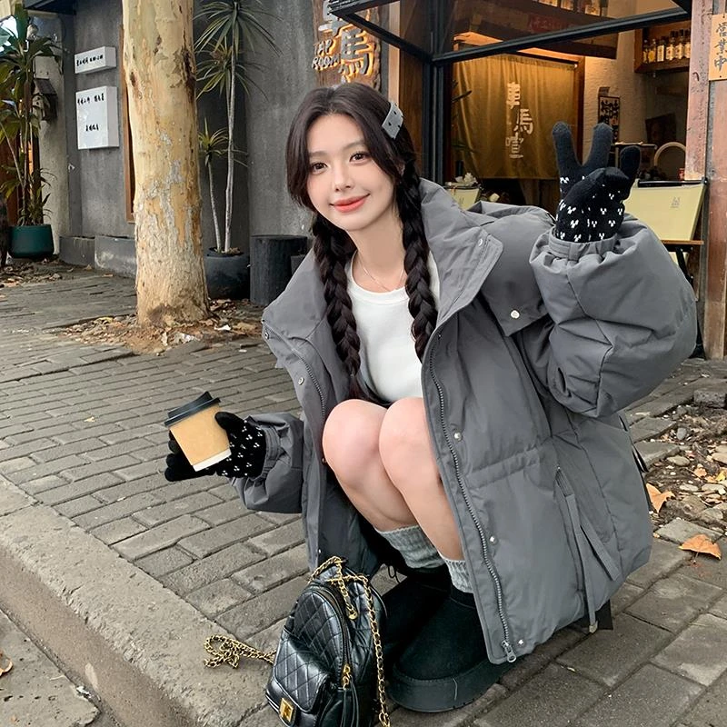 DUCURNO灰色连帽工装羽绒服女2025冬季新款时尚气质加厚保暖外套