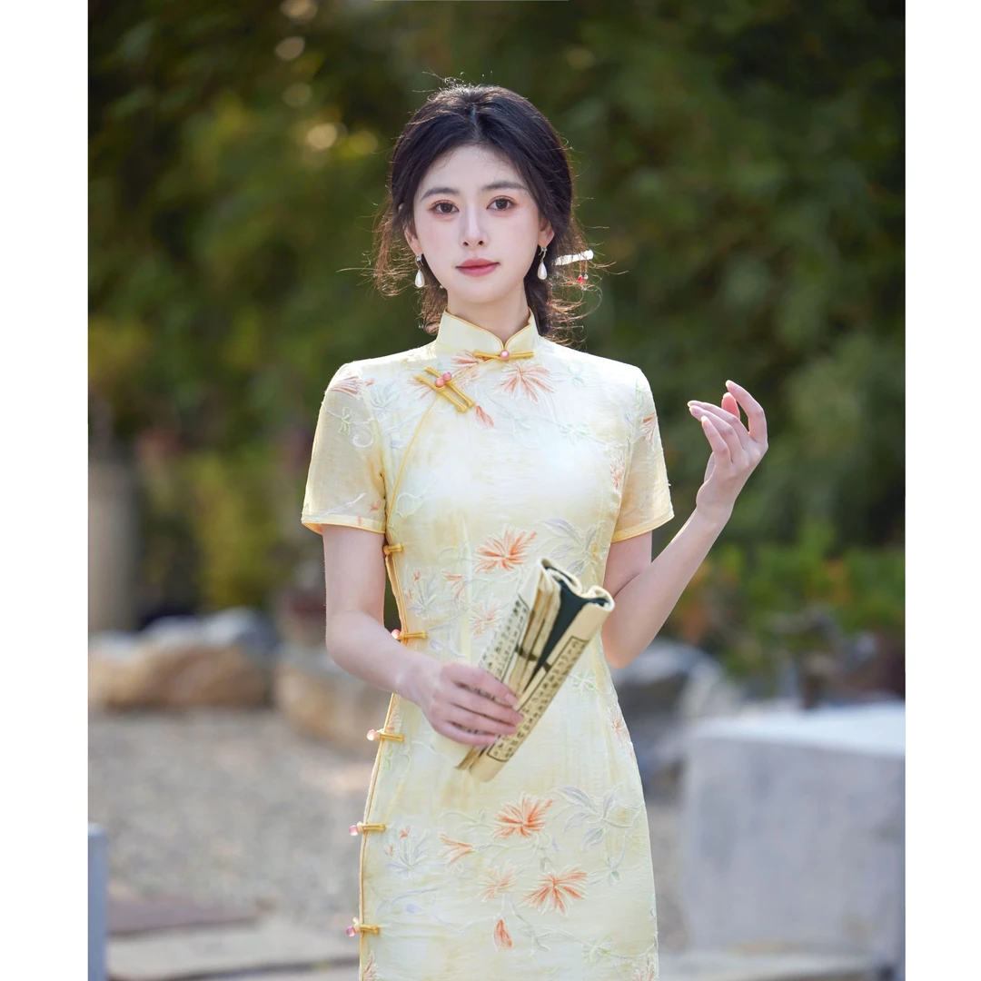 【花开烂漫】黄色送考旗袍国风2025年春夏新款气质温柔连衣裙5551
